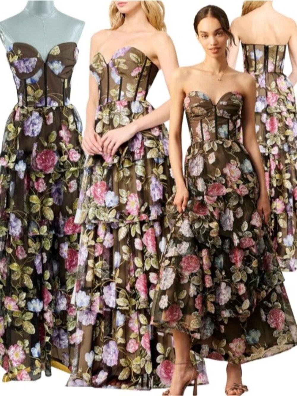 🆕 DRESS THE POPULATION 🧿 NWT Layana Strapless Tiered Floral Sequin Gown - Sz L